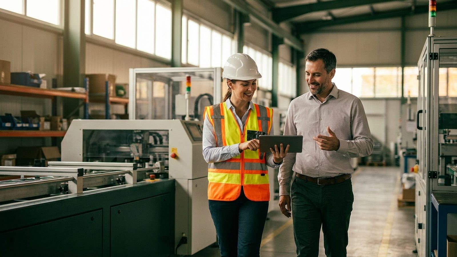 EHS consultant reviewing a compliance checklist with a plant manager on a facility floor